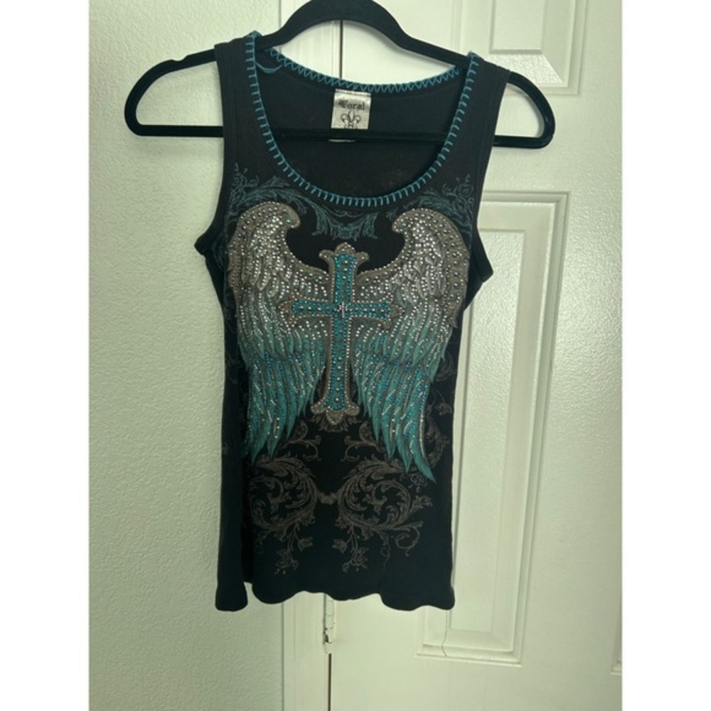Vocal Womens Rhinestone Angel Wings Cross Ribbed Tank Top Black Teal Y2K L